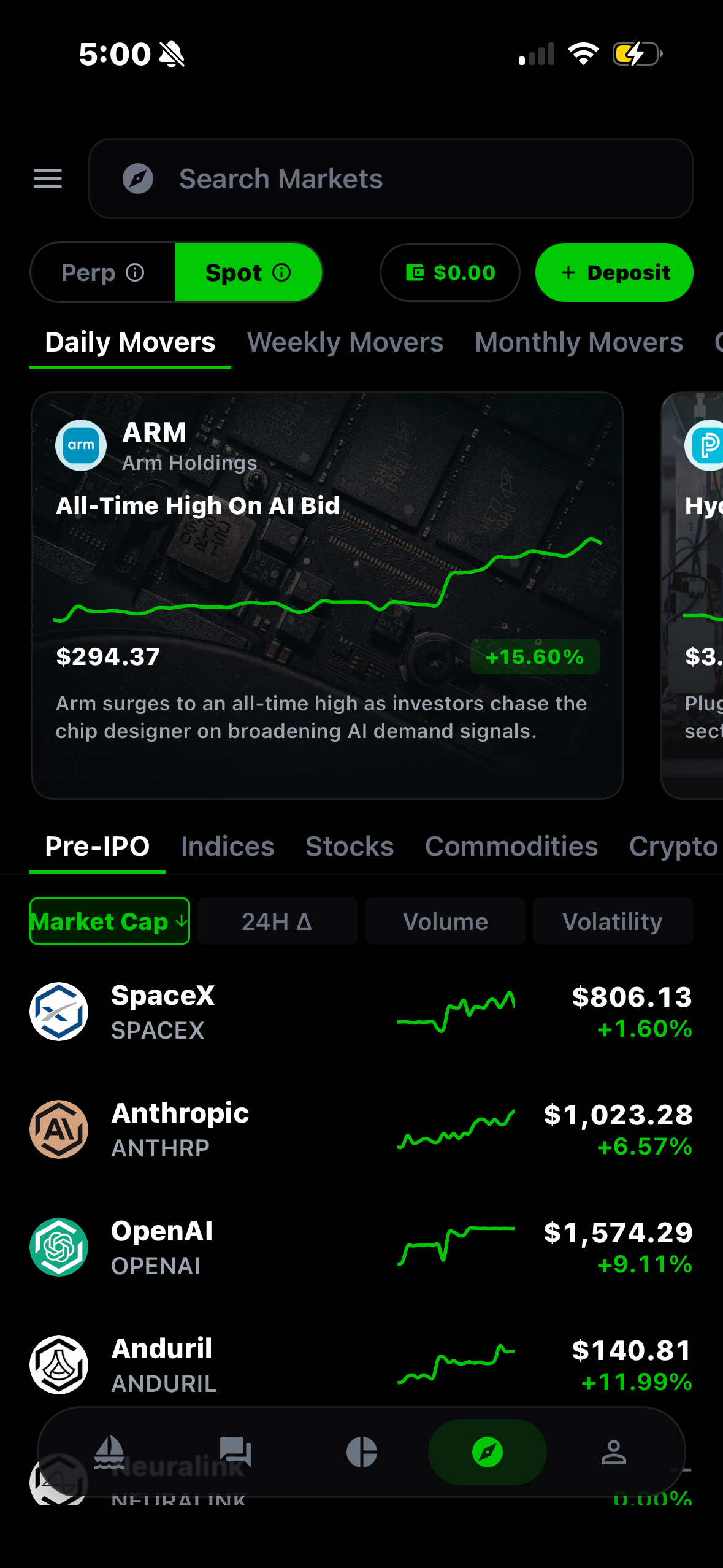 Freeport app: live markets and pre-IPO movers