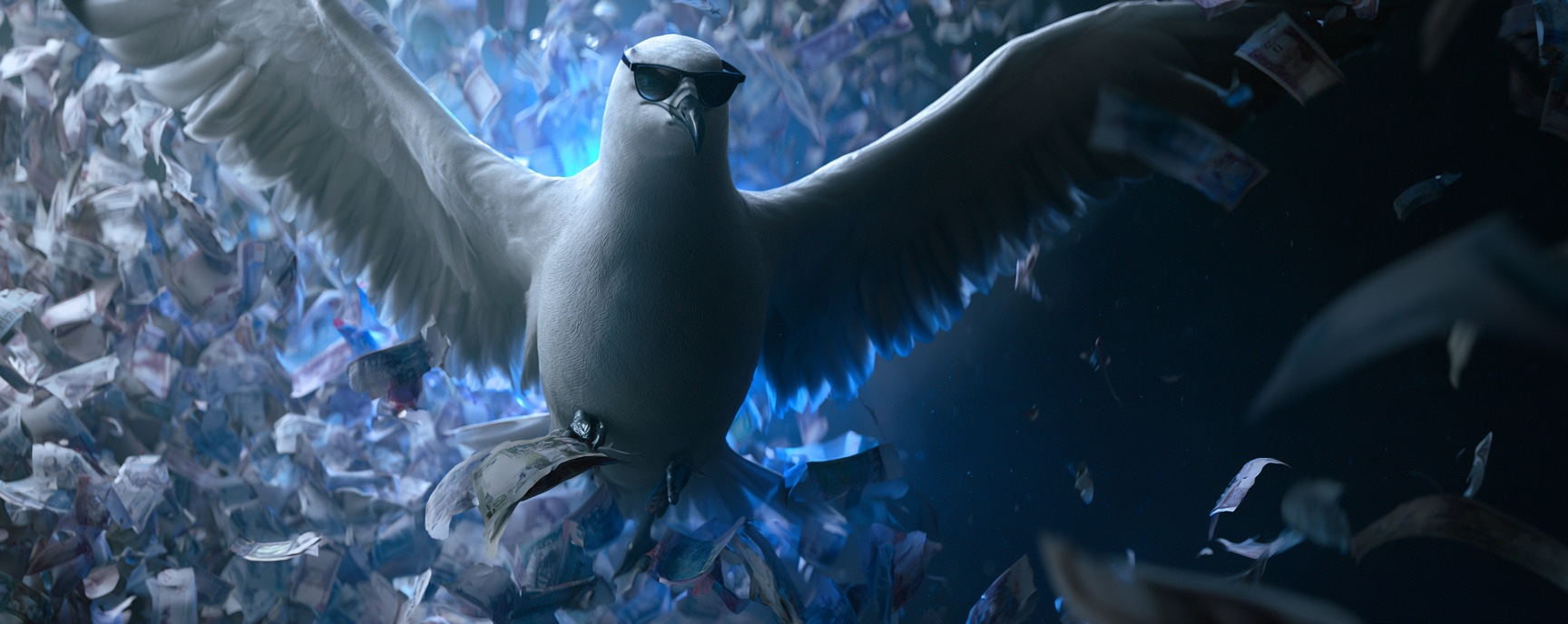 A sharp-dressed seagull in sunglasses soaring through a blizzard of cash