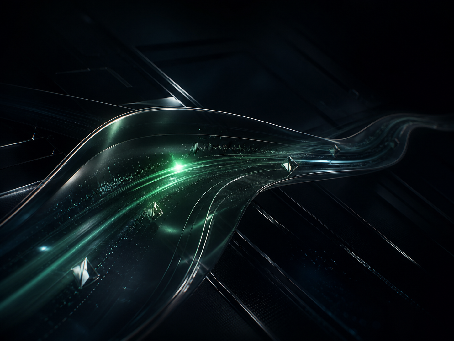 Abstract glass signal ribbons carrying a live emerald market pulse.
