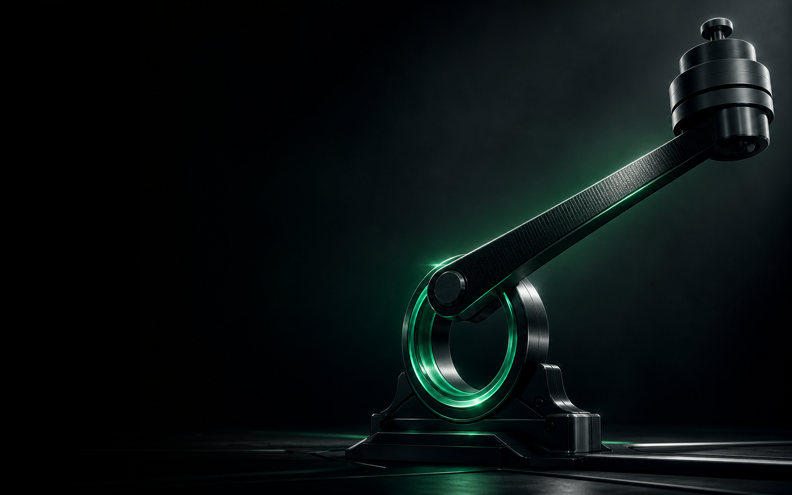 Cinematic rendering of a precision lever mechanism with a luminous green fulcrum.