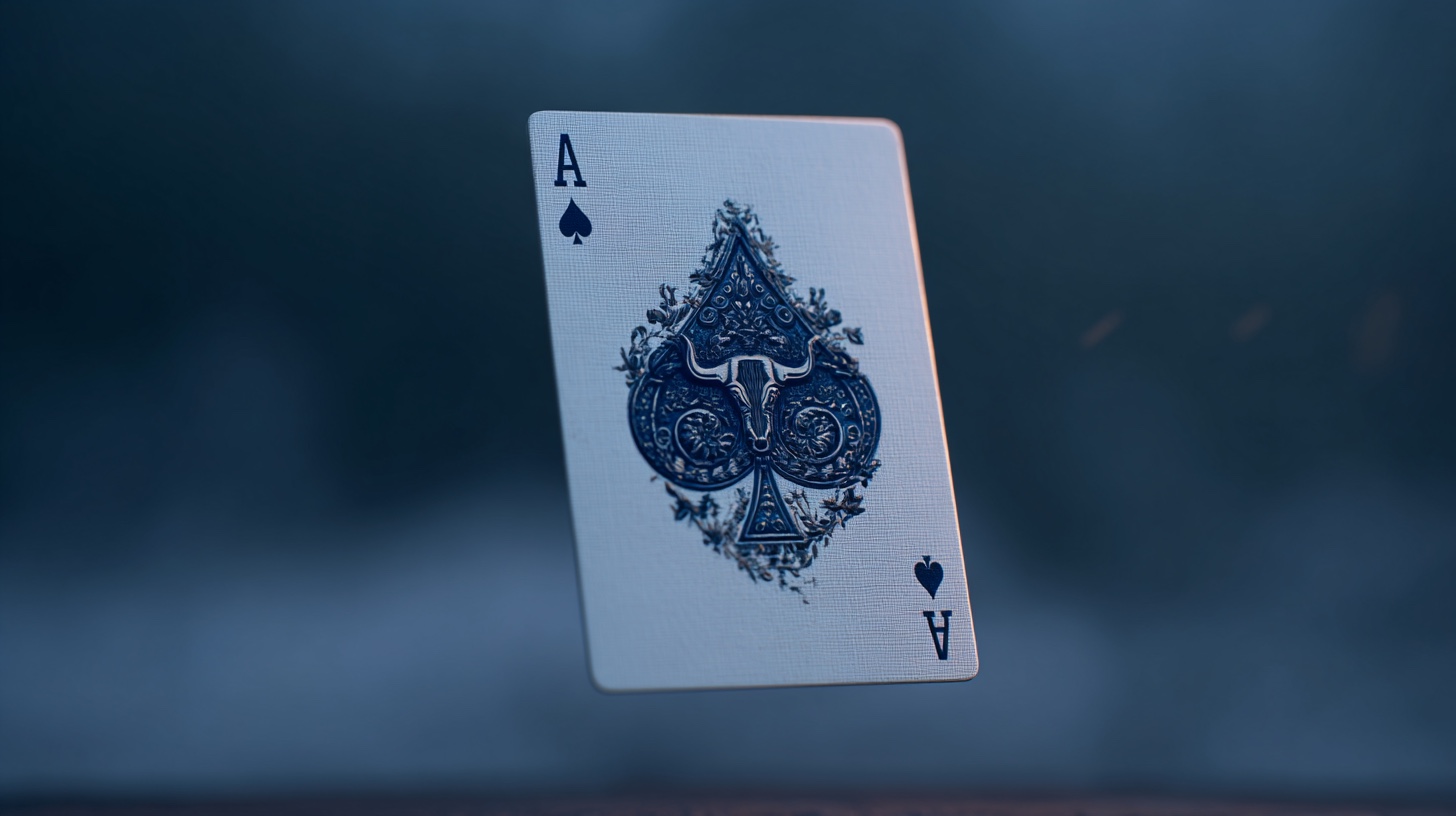 An ornate Ace of Spades with a bull emblem floating in a moody blue haze