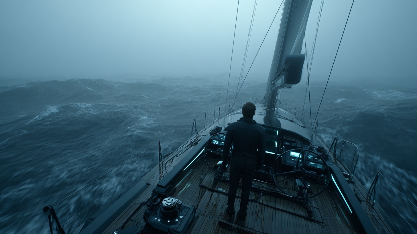 A lone sailor at the helm of a yacht in a heavy storm at sea